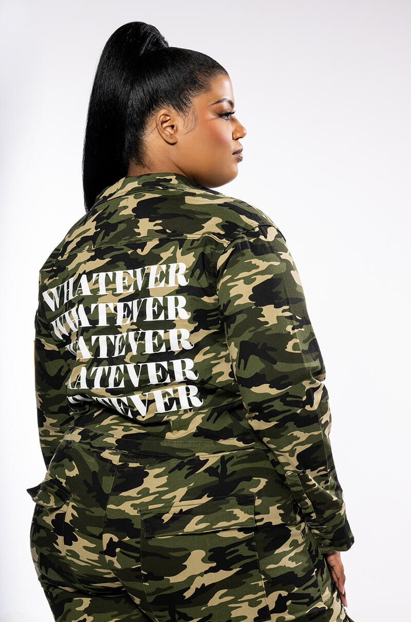 PLUS WHATEVER CAMO BOMBER JACKET