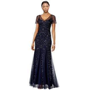 Adrianna Papell - Short Sleeve V Neck Beaded Evening Gown 91918840SC