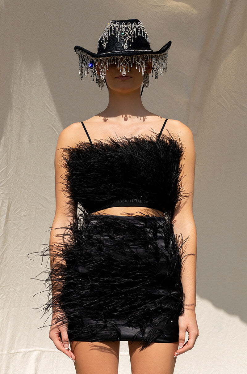 REAL OSTRICH FEATHERS CROP MESH BANDEAU