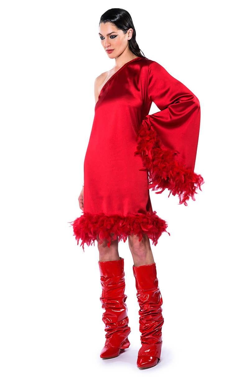 JOSIE ONE SLEEVE FEATHER MINI DRESS