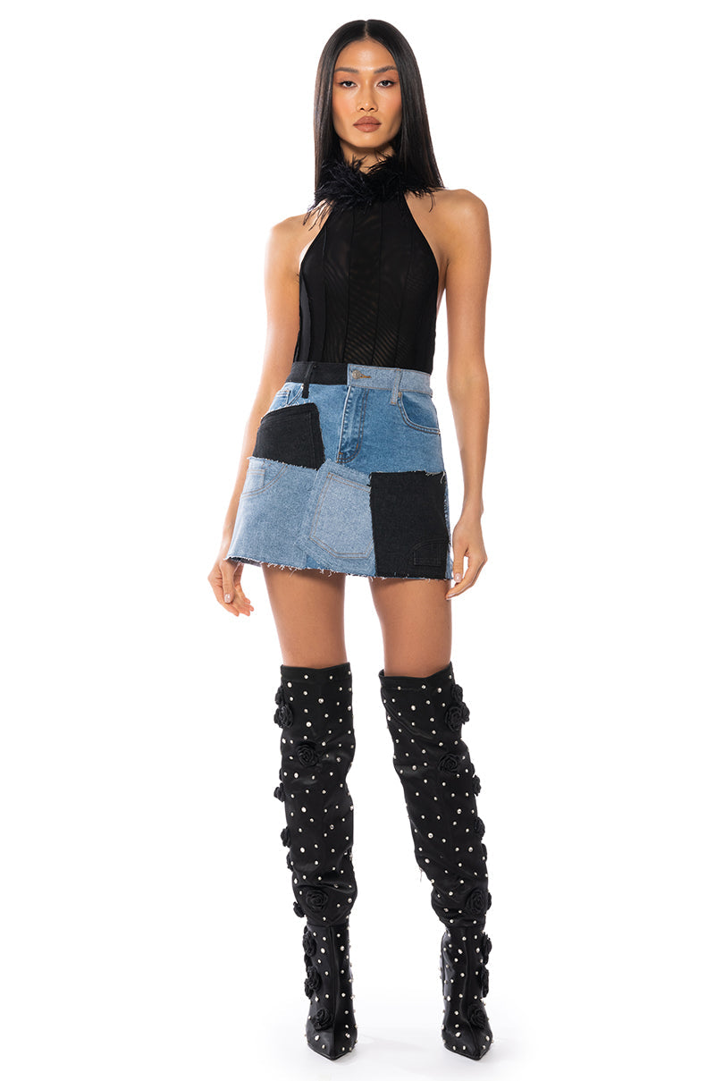 PATCHWORK DENIM MINI SKIRT